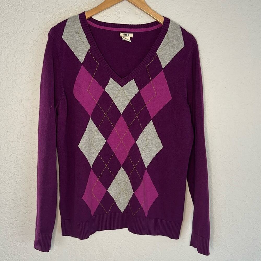 IZOD Purple Argyle Sweater V Neck Gilmore XL Golf Preppy Sporty Prep Caddyshack